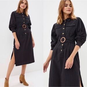 FREE PEOPLE Audrey Black Button-Front Midi Shirt Dress with Belt